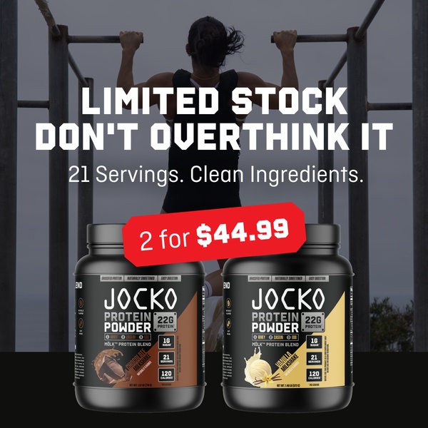 A square ad creative featuring a bold, urgency-driven offer for two protein powder tubs set against an active fitness background.